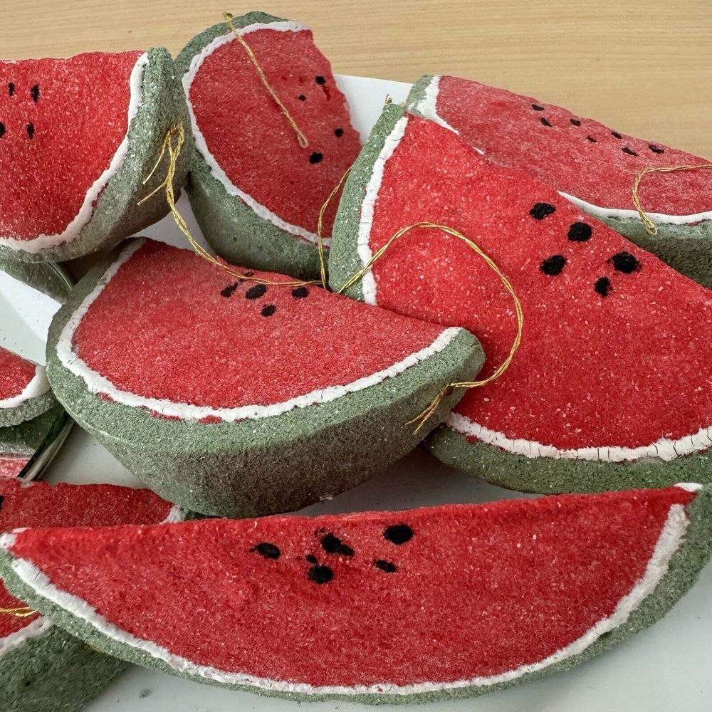 Vintage Handmade Watermelon Slice Ornaments Set of 8 Sugared Fruit Decor Cottage - Picture 4 of 9